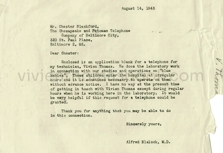 Baltimore's C&P Telephone Company denied Black residents, including Vivien Thomas and his family, the services given to whites. In 1945, Dr. Alfred Blalock wrote C&P this letter to intervene on the Thomases’ behalf.