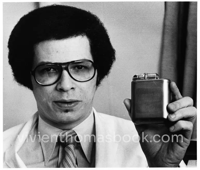 Vivien Thomas assisted Levi Watkins, M.D. in testing on lab dogs in the 1970s this implantable cardiovascular defibrillator, which Dr. Watkins is holding.